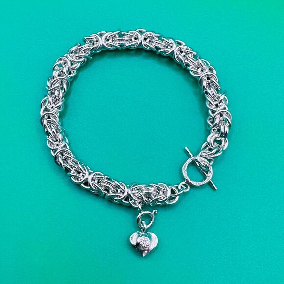 925 Sterling Silver Jewelry - Sterling Silver Byzantine Chainmail Bracelet w/ Hill Tribe Clasp & Heart 36.25g